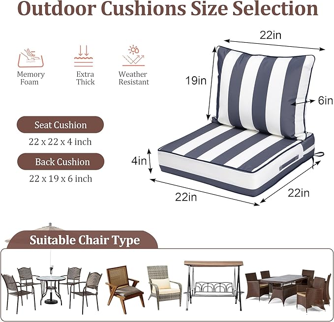 Waterproof Outdoor Chair Cushion Set of 4, 22x22x4 IN Deep Seat Patio Cushions with Fade Resistant Removable Cover,Outdoor Cushions for Patio Furniture with Ties&Handle for Chair Sofa Couch,BlueStripe