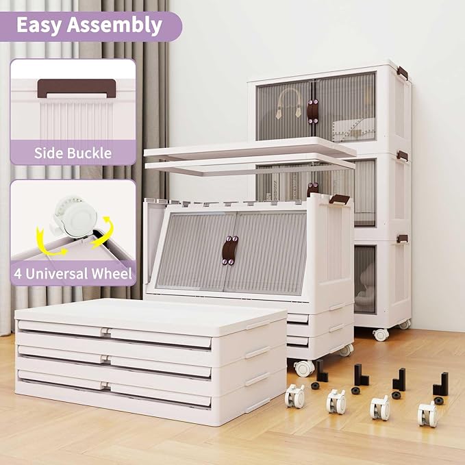 Luxdecor 252Qt Storage Bins With Lids-Stackable Plastic Storage Bins on Wheels, Closet Organizers and Storage,Collapsible Storage Cabinet with Doors for Office Garage Kitchen Under Stairs,Larger 3Tier