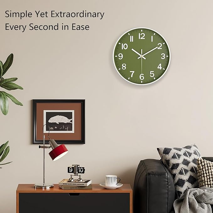 Wall Clocks Battery Operated, 12 Inch Non Ticking Wall Clock, Silent Analog Clock for Bedroom Living Room Kitchen Office Gym Classroom Decor, Large Number Clocks for Seniors, Olive Green