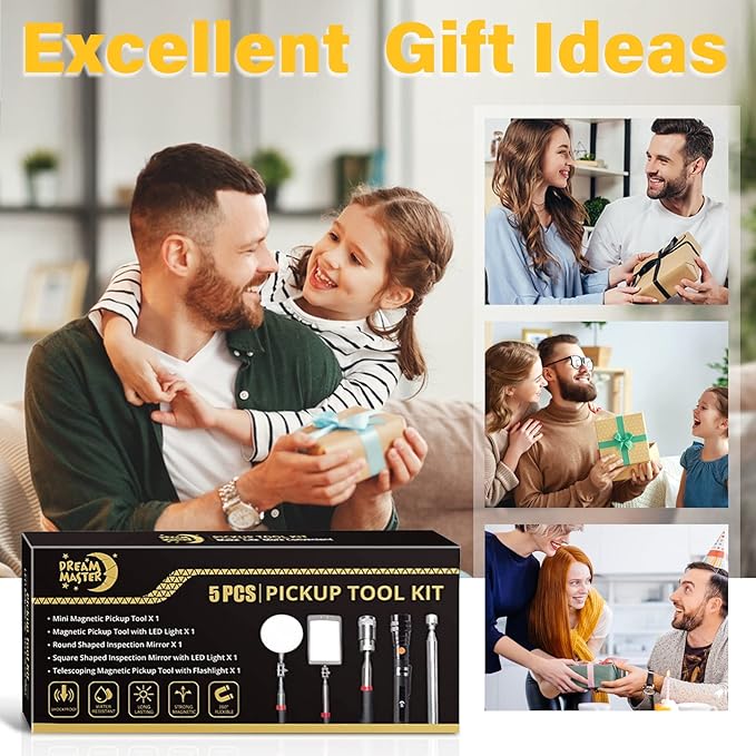 Magnetic Pickup Tool Set with 15lb&1lb Pick Up Rod, Round&Square 360 Swivel Adjustable Inspection Mirror and Telescoping Flexible Flashlight, Birthday Gifts For Men, Dad, Husband, Father