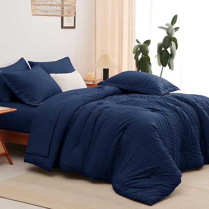 CozyLux Full Size Comforter Sets with Sheets Seersucker 7 Pieces Navy Blue Bed in a Bag Textured Luxury Soft Bedding Set with Down Alternative Comforter, Sheets, Pillowcases & Shams for All Seasons