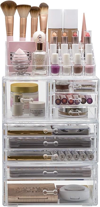 Sorbus Large Clear Makeup Organizer - Detachable 4-Piece Jewelry & Make Up Organizers and Storage Set - Spacious Cosmetic Display Tower - Makeup Organizer for Vanity, Bathroom, Dresser & Countertop