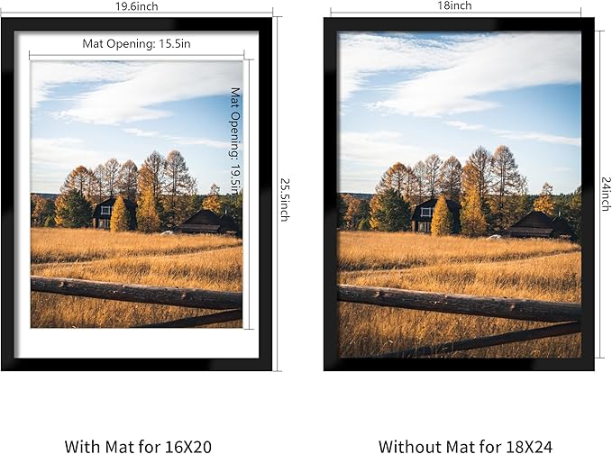 18x24 Picture Frame Set of 5, Black Poster Frame, Display Pictures 16 x 20 with Mat or 18 x 24 Without Mat for Horizontal or Vertical Wall Mounting, Wall Gallery Frame for Artwork