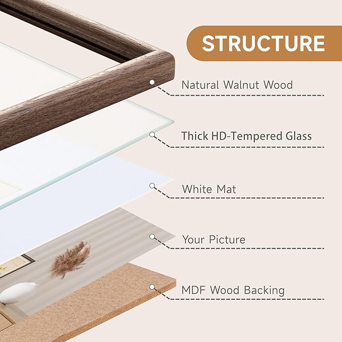11x14 Picture Frame - Solid Walnut Wood Picture Frames with HD Tempered Glass, Handcrafted Rounded Corner 11 x 14 Wooden Frame Matted to 8x10 Photos, Horizontal or Vertical Wall Display, 1 Pack