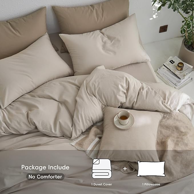 MooMee Twin Duvet Cover Set, 100% Washed Cotton Linen Like Twill Thick Sturdy Material Super Soft Breathable Durable Bedding for All Season, 2 Pieces (Cream Grey, Twin 68"x90")