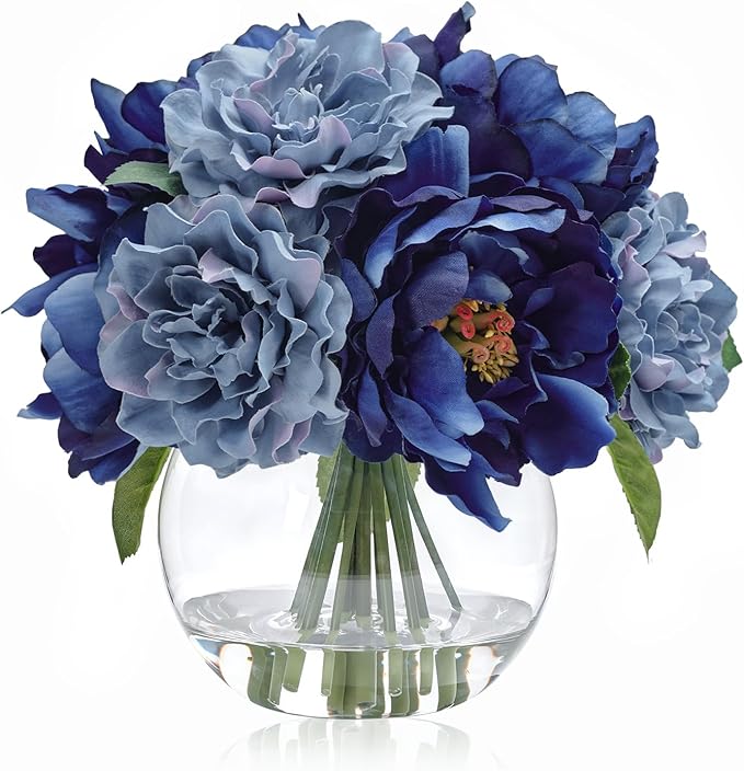 WELL KNOWN Artificial Flowers in Vase, Artificial Flowers for vase with Faux Water for Coffee Table Decor, Silk Fake Flower Arrangements Peonies Table Centerpieces (Blue)