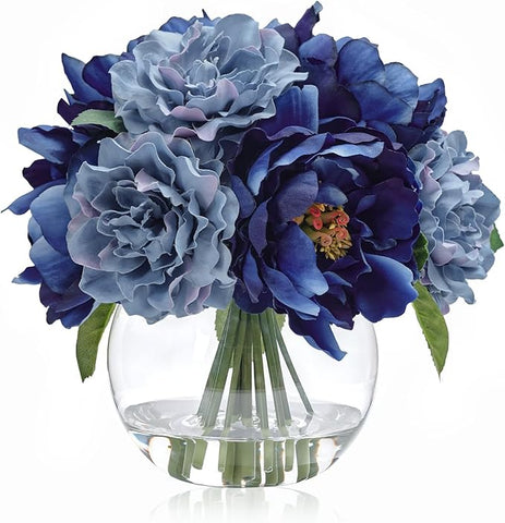WELL KNOWN Artificial Flowers in Vase, Artificial Flowers for vase with Faux Water for Coffee Table Decor, Silk Fake Flower Arrangements Peonies Table Centerpieces (Blue)