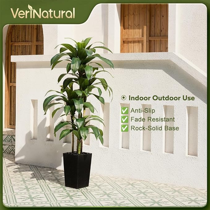 6FT Artificial Dracaena Tree - UV Resistant Faux Tropical Plant, Potted Fake Tree with Taper Planter & Pebbles - Indoor Outdoor Greenery for Home, Porch, Living Room, Bedroom Decor, VN127
