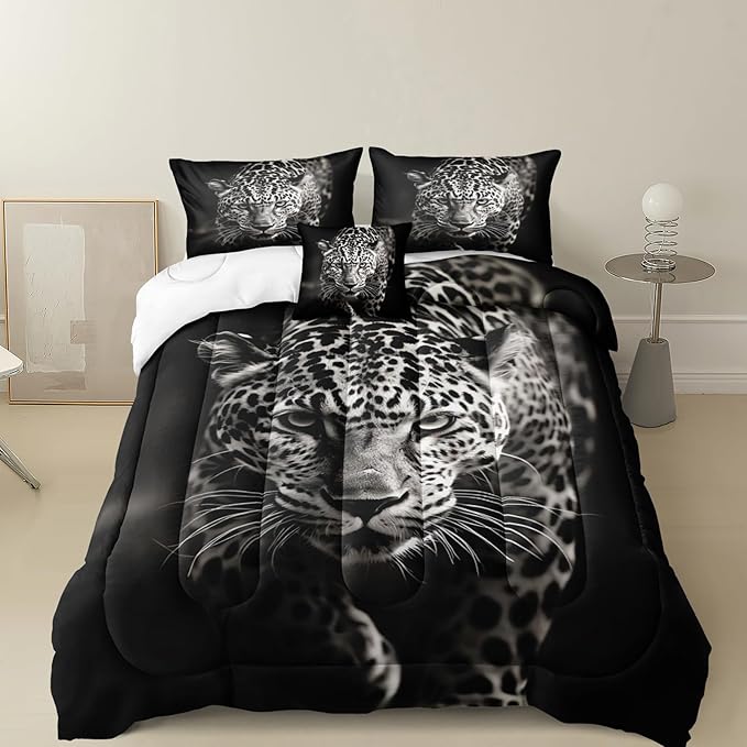 Wild Animal Comforter Set Leopard African Bedding Set Black and White Cheetah Leopard Printed Bedding Safari Animal Tropical King Comforter Set for All Season