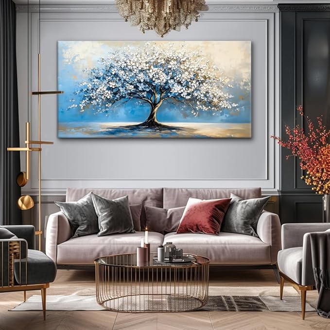 Contemporary Tree of Life Wall Art for Living Room Office Navy Blue White Floral Canvas Painting Prints Nature Artwork over the Couch Bedroom Decor (20x40 Inches)