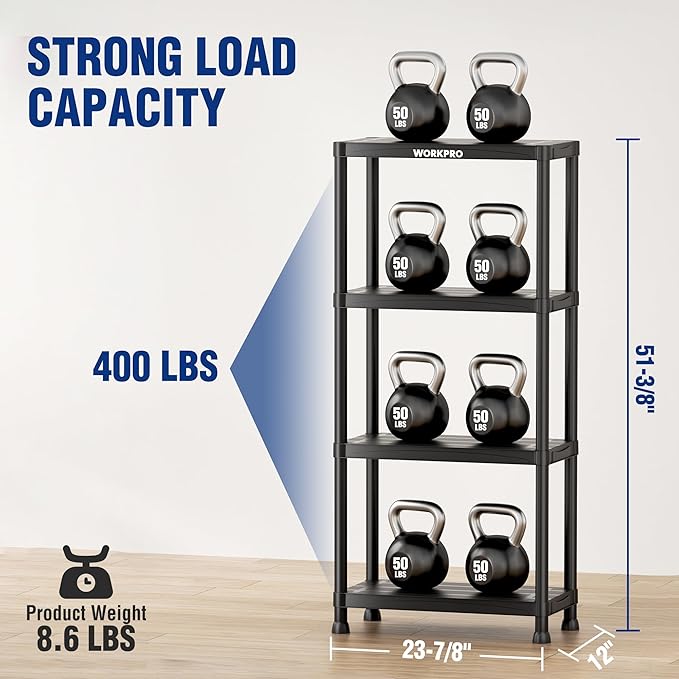 WORKPRO 4-Tier Plastic Storage Shelves, 400lb Capacity Shelving Unit, 51.4" H x 23.9" W x 12" D, Storage Rack for Garage, Home, Pantry, Office, Laundry, Tool-Free Assembly, Black