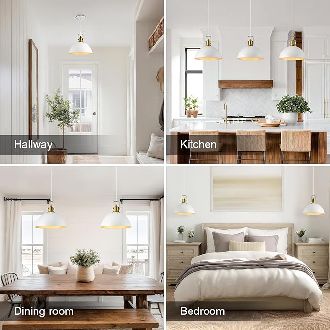 12 Inch White Farmhouse Pendant Lights for Kitchen Island Industrial Pendant Lighting Adjustable Height Vintage Dome Hanging Light Fixtures for Barn, Dining Room 2 Packs