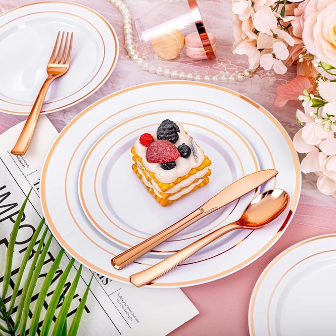 DaYammi 210PCS Rose Gold Plastic Dinnerware Set for 30 Guests, Valentine's Day Plates for Party, Include: 30 Dinner Plates, 30 Dessert Platos, 30 Pre Rolled Napkins with Rose Gold Silverware, 30 Cups
