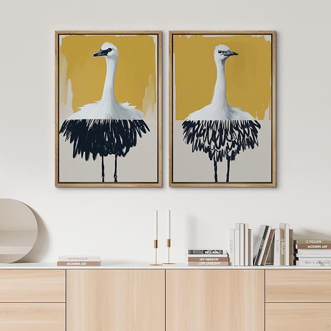 SIGNWIN Framed Canvas Print Wall Art Set Minimalist Crane Portrait Modern Bird Illustrations Modern Art Rustic Minimal for Living Room, Bedroom, Office - 16"x24"x2 Natural