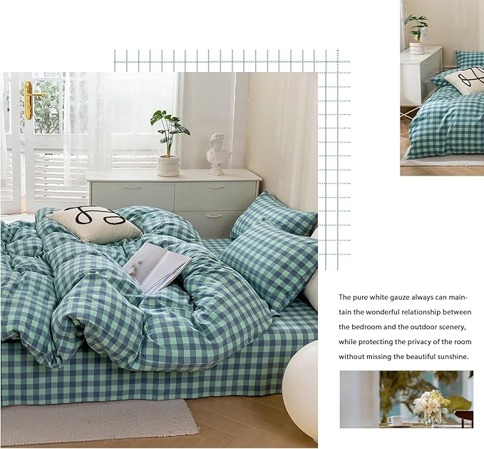 VM VOUGEMARKET Green Plaid Bedding Set Queen 3 Pieces Denim Blue Checkered Duvet Cover with Zipper Ties 2 Pillowcases 100% Washed Cotton Luxury Soft Breathable Durable