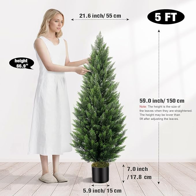 Artificial Topiary Cedar Trees 5FT Tall 2 Set, Outdoor Indoor Faux Pine Shrubs Plants, Realistic Fake Plants Front Porch Decor, Artificial Bushes Cypress for Home Front Door Offices