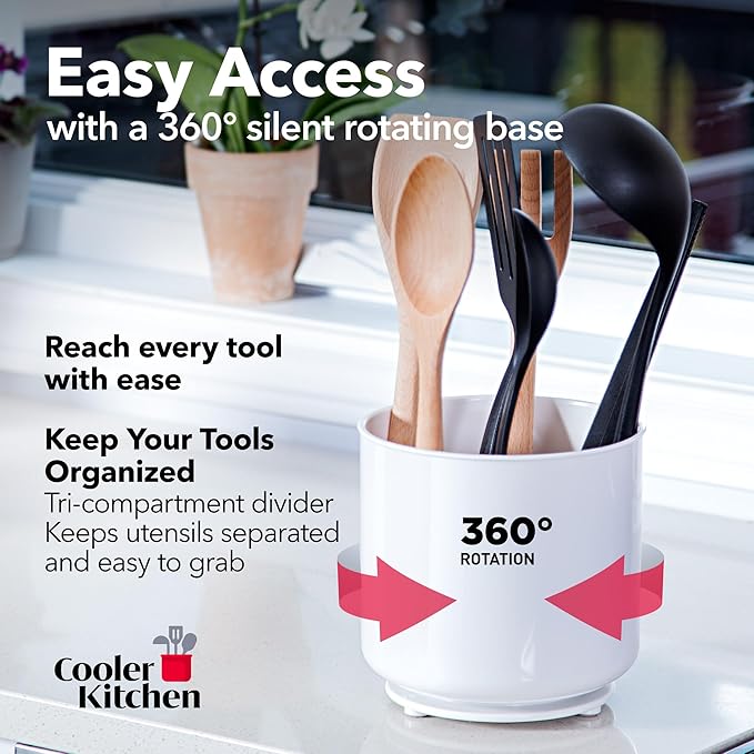 Rotating Extra Large White Plastic Utensil Holder Caddy with Sturdy No-Tip Weighted Base, Removable Divider, and Gripped Insert - Dishwasher Safe Kitchen Utensil Holder for Countertop