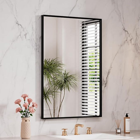 LOAAO Black Bathroom Mirror 28"X32" for Wall, Rectangle Bathroom Vanity Mirror, Hangs Vertically or Horizontally, Easy to Install, Modern Design