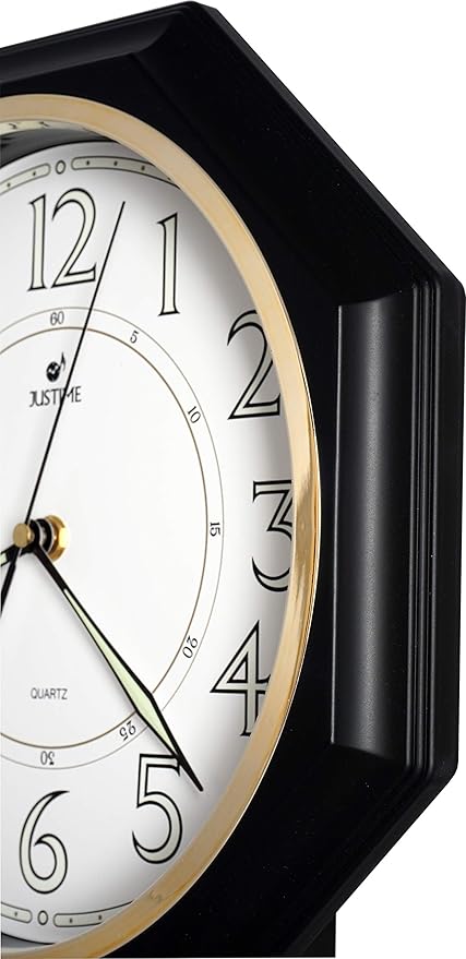 JUSTIME Traditional Schoolhouse Luminious Arabic Regulator Wall Clock, Chiming Wall Clocks with Pendulum & Westminster Chime Hourly, Schoolhouse Wall Decor Battery Operated (Matte Black)