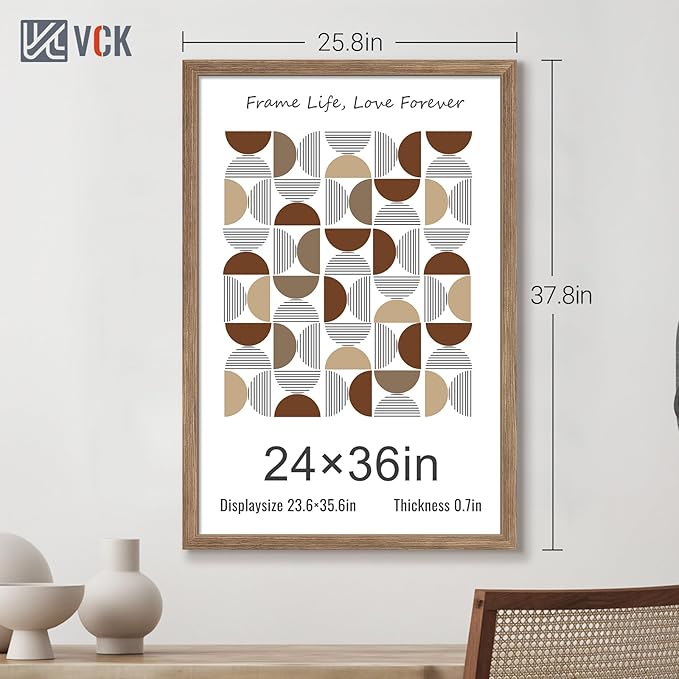 VCK 24x36 Poster Frame 5 Pack - Brown Walnut, Natural Textured Solid Wood Picture Frame, Wall Mounting Hanging