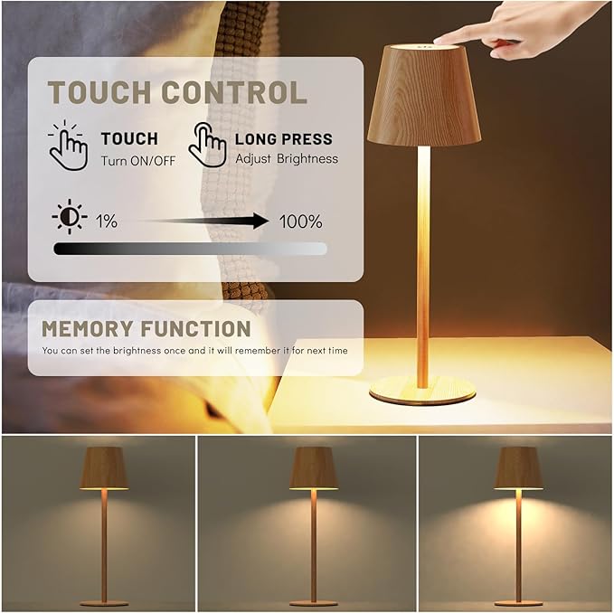 Maksone 2 Pack LED Cordless Table Lamp, 6600mWh Rechargeable Battery Desk Lamp, 3000K Stepless Dimming Night Light, IP54 Waterproof Metal Outdoor Portable Lamp for Bedroom, Restaurant(Wood Grain)