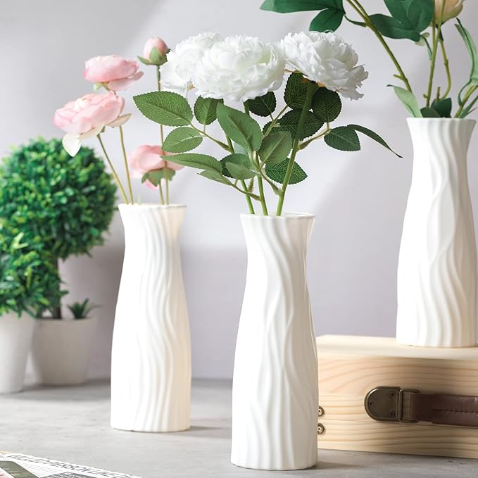 24 Pcs Composite Plastic Flower Vase Ceramic Look Decorative White Unbreakable Plastic Vases for Flower Centerpieces for Living Room Table Home Decor(Classic Style)