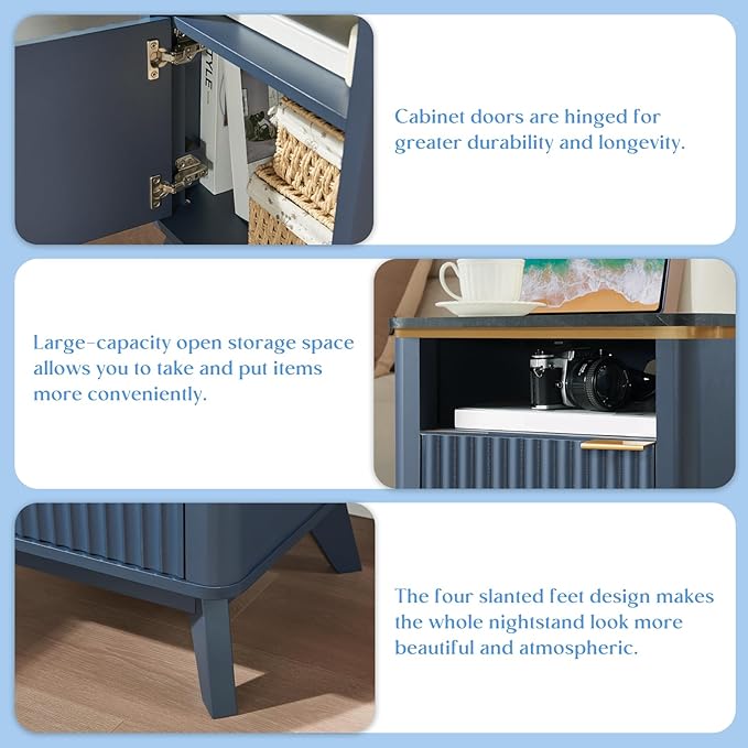 QUW Fluted Nightstand with Charging Station, Bedside Table with Open Storage and Cabinet, 18" Modern Side Table, End Table for Bedroom, Living Room, Navy Blue