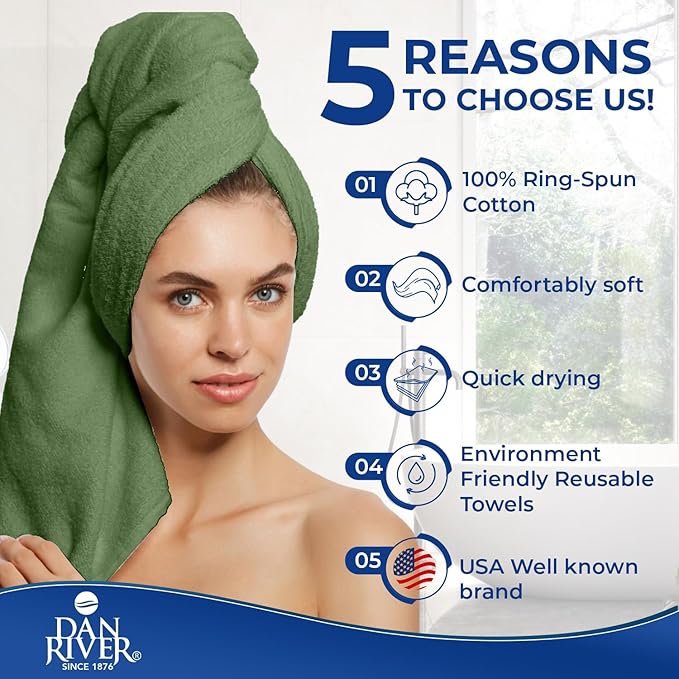 DAN RIVER 8 PC Luxury Bath Towels for Bathroom, 2 Bath, 2 Hand, and 4 Wash Cloths, 600 GSM 100% Ring Spun Cotton Towel Set, Highly Absorbent, Gym, Hotel, and Spa, Sage Green