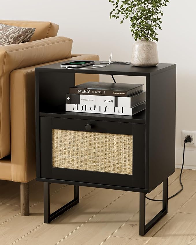 Rattan Nightstand with Charging Station, Mid Century Modern Night Stand,Boho Farmhouse Wood Bedside Table with Storage and Open Shelf, End Side Accent Table for Bedroom,Living Room,Black
