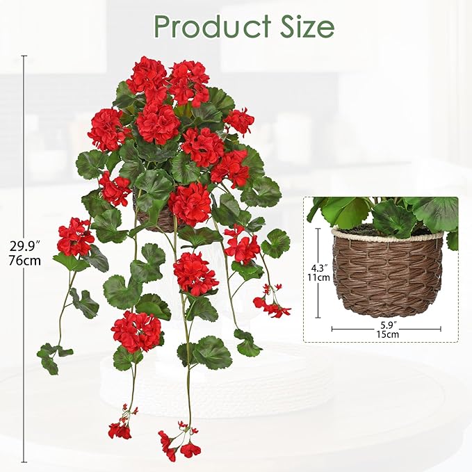 Briful Artificial Geranium Hanging Plant in Vintage Woven Basket, 29.9 Inch Trailing Faux Plant with Red Silk Flowers and Green Plastic Leaves, Realistic Indoor Outdoor Garden Shelf Decor