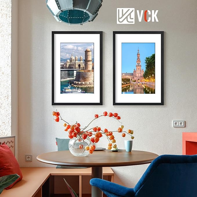 VCK 16x24 frame 5 Pack, Display Poster 12x18 with Mat or 16x24 without Mat, Textured Exclusive Solid Wood Picture Frame, Black