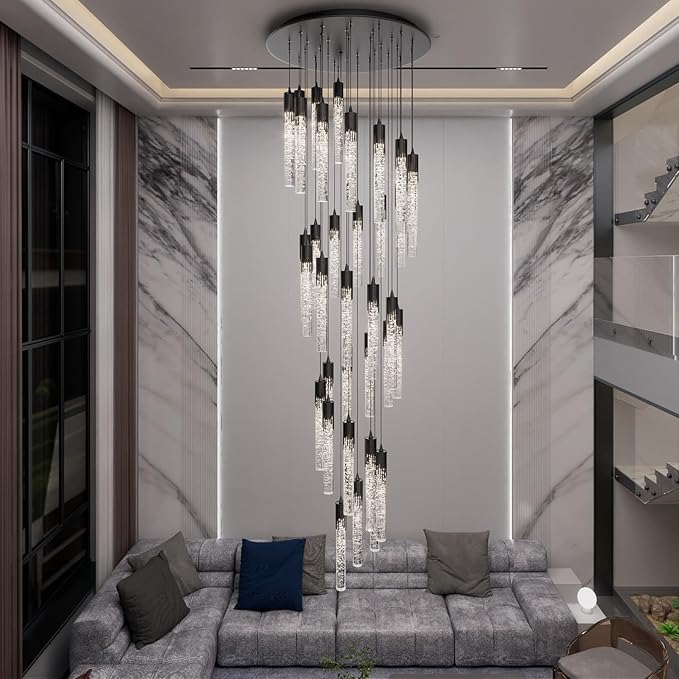 Flashing God Long Chandeliers for High Ceiling Black Bubble Crystal Chandelier Large Foyer Entrance Chandeliers for High Ceiling Big Crystal Chandelier LED Dimmable 2700K-6000K