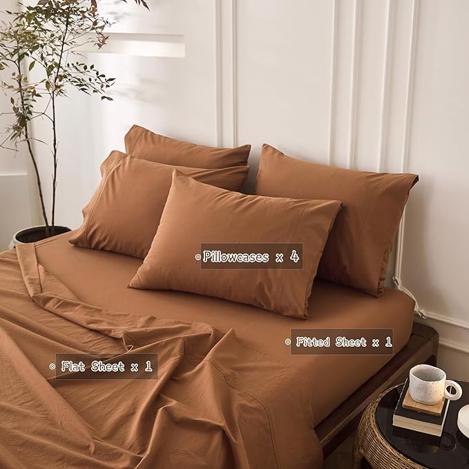 6PS Linen Like Bedding Sheet Sets Deep Orange King Size Cotton Bedding Set Oeko-TEX Standard 100% Washed Cotton Deep Pocket King Size Fitted Sheet Plus Cozy Flat Sheet and 4 Pillowcases