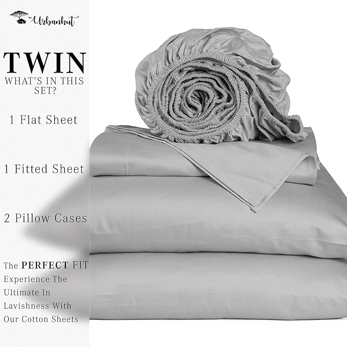 URBANHUT 700 Thread Count Egyptian Cotton Sheets Twin Size, 4Pc Sheet Set Soft Luxury Bed Sheets for Twin Size Bed, Sateen Weave Hotel Sheets, 14'' Elasticized Deep Pocket - Silver Grey