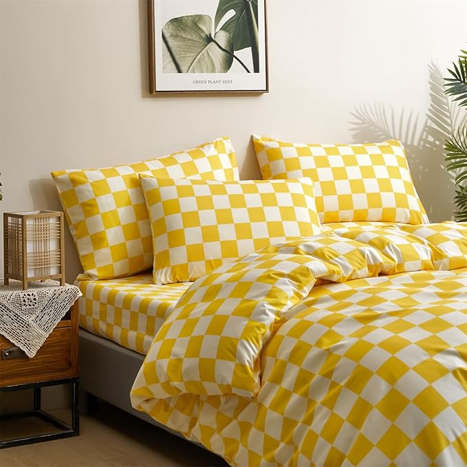 CLOTHKNOW Yellow Plaid King Size Comforter Set 3Pcs Yellow White Bedding Comforter Sets Grid Comforter King Light Yellow Comforter Sets King
