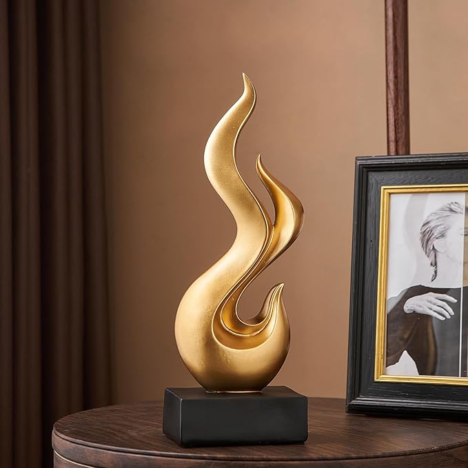 FJS Gold Decor Abstract Flame Statue, Modern Home Decorations for Living Room Dining Room, Resin Sculptures for Shelf Bookshelf Coffee Table Centerpiece