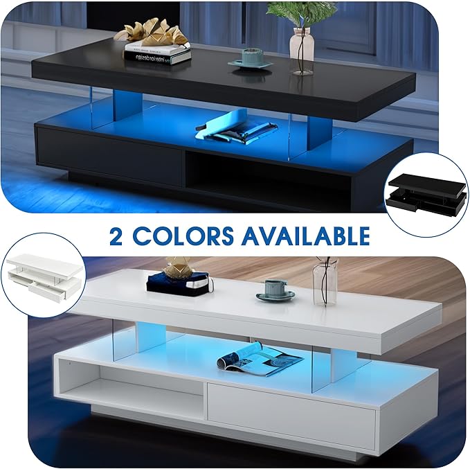 LED Coffee Table with Storage, High Glossy LED Coffee Tables for Living Room, Center Table with Open Display Shelf & Sliding Drawers, (White)