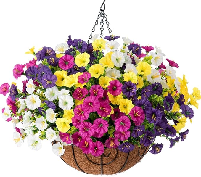 Artificial Faux Hanging Flowers Plants Baskets for Outdoors, Fake Silk Morning Glory in Planter UV Resistant Realistic Artificial Flower for Outside Porch Patio Balcony Garden Yard Home Decor