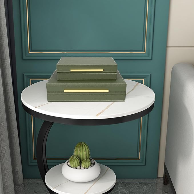 Green Shagreen box Set of 2 Faux Leather Decorative Boxes,Large Nesting Storage Decorative Boxes with Lids for Modern Home Decor Stacking Jewelry Box Organizer