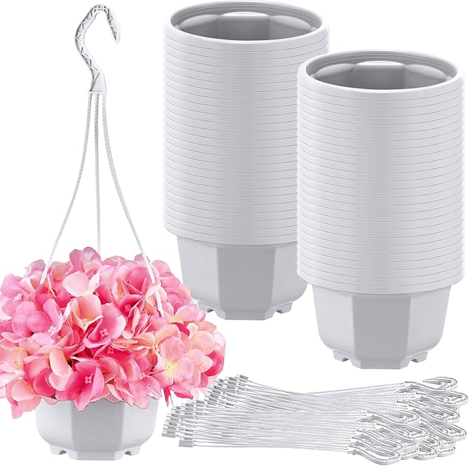 Roshtia 50 Pcs Plastic Hanging Plant Pots with Hooks Flower Pots Baskets Outdoor Hanging Nursery Planter Holder for Home Garden Balcony Porch(Gray White,5.9 inch)