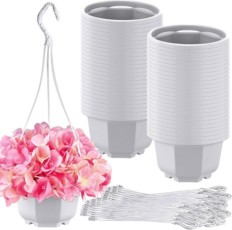 Roshtia 50 Pcs Plastic Hanging Plant Pots with Hooks Flower Pots Baskets Outdoor Hanging Nursery Planter Holder for Home Garden Balcony Porch(Gray White,5.9 inch)