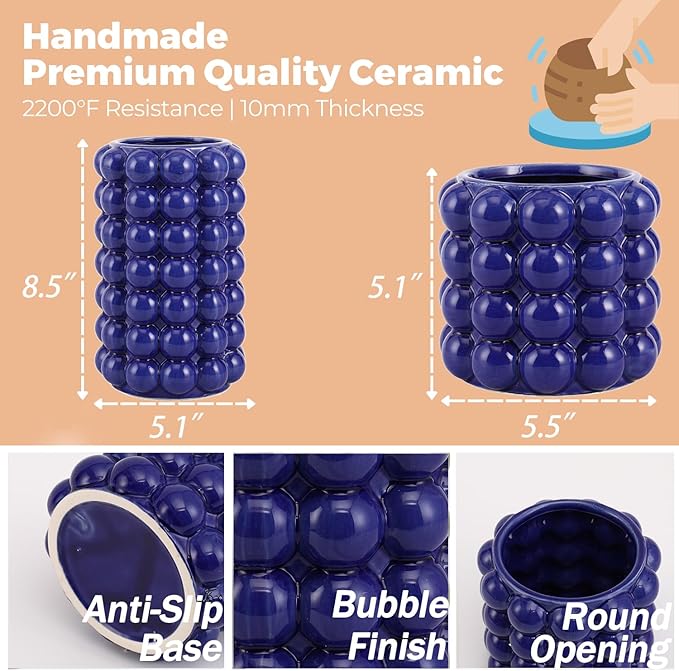 Bubble Vases, Set of 2 Blue Ceramic Vases, Short Vases, Ceramic Flower Vases, Unique Vases, Tall Bubble Vases for Coffe Table Decor, Decorative Vases for Living Room, Dining Table, Wedding