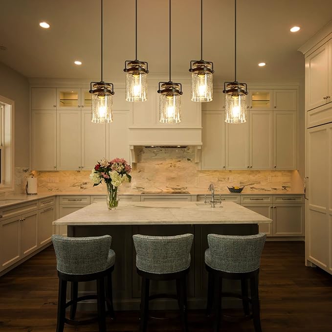 Pendant Light Kitchen Island Lighting, 5-Light Pendant Ceiling Light Fixture, 67.71 inches Hanging with Clear Glass Shade,Farmhouse Chandeliers for Dining Room Bedroom Hallway - Black