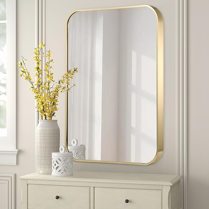 FARMER 16x20 Inch Gold Bathroom Mirrors for Wall, Brushed Brass Bathroom Vanity Mirror with Rounded Edge, Metal Framed Rectangle Mirrors for Bathroom, Hangs Horizontally or Vertically