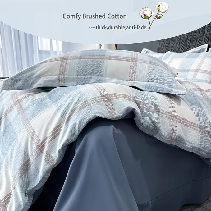 VM VOUGEMARKET Blue White Plaid Duvet Cover Queen,3 Pieces Thick Brushed Cotton Duvet Cover Set,Simple Modern Teen Boys Gingham Bedding Set Without Comforter-90x90 Inch