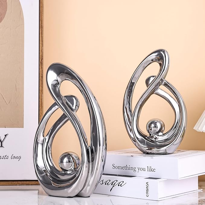 XMGZQ Home Decor Accent,Porcelain Art Mid Century Bookshelf Decorations,Gold Centerpieces for Tables,Abstract Ceramic Statue Sculpture for Coffee Table Mantel Tv Stand Centerpieces (Silver, Large)