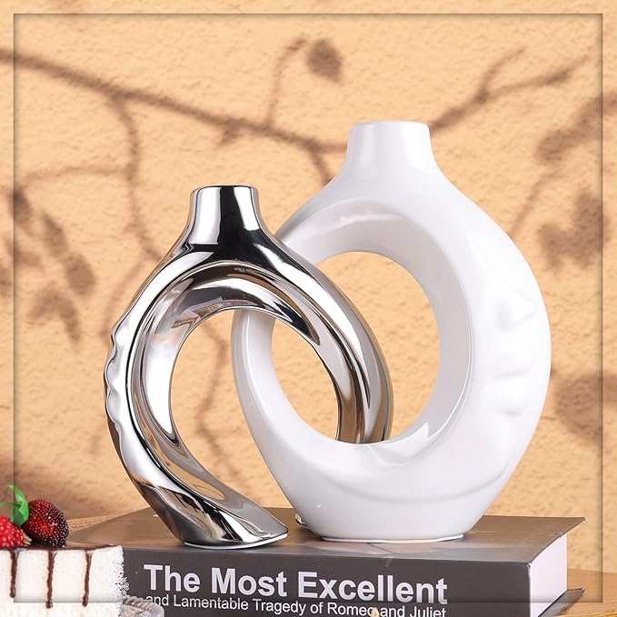 White Ceramic Vase Set of 2, White and Silver Round Donut Ceramic Decorative Vase for Living Room Decor, Bookshelf, Mantel, Dining Table Centerpiece Decor (White Silver)