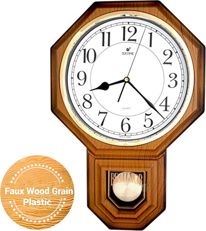 JUSTIME Traditional Schoolhouse Easy to Read Regulator Wall Clock, Chiming Wall Clocks with Pendulum & Westminster Chime Hourly, Schoolhouse Wall Decor Battery Operated (Light Wood Grain)