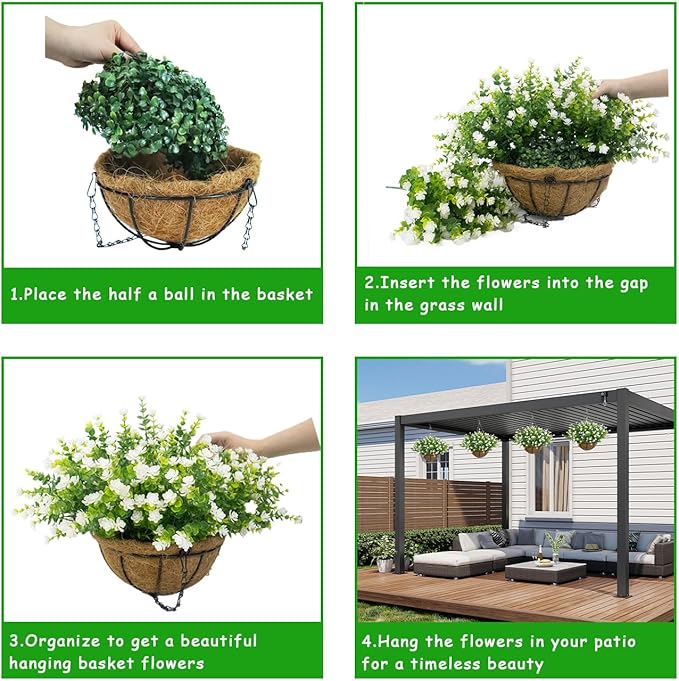 Artificial Hanging Flowers Basket, 12 UV-Resistant Bundles of Realistic Fake Flowers, Faux Plants for Outdoor Decor, Home, Garden, Porch, Patio, Spring & Summer Decorations, White