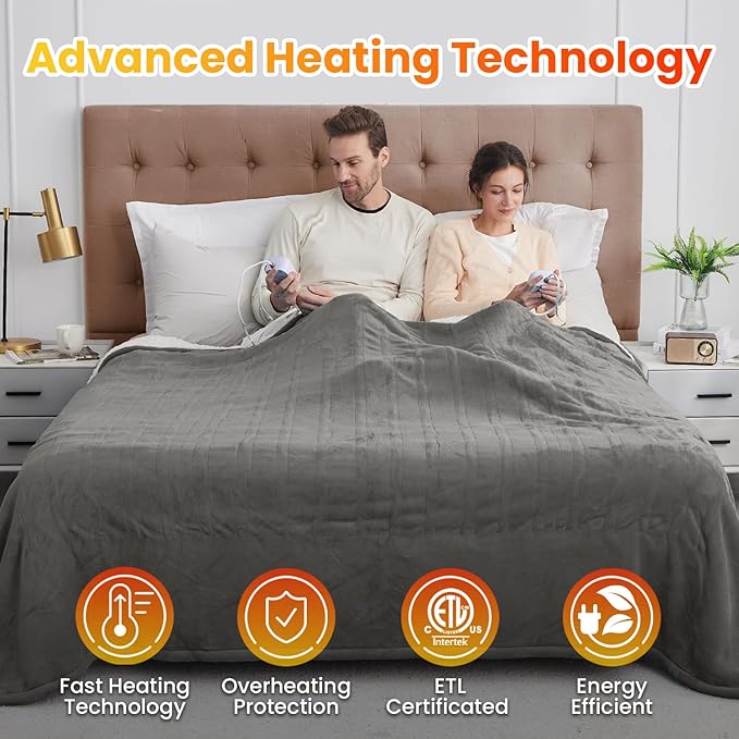 WOOMER Electric Heated Throw Blanket, Soft Flannel Fast Heating Bed Blanket with Multi-Color Option, Queen Size 84"x 90", 10 Heating Levels & 0.5-12H Auto Off, Over-Heat Protection